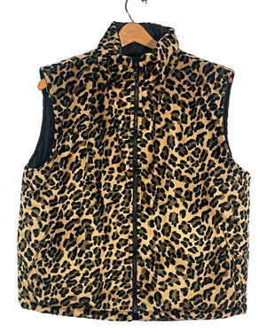 Carolina Colours Sz M Reversible Puffy Zip-Up Vest Black PU & Faux Fur Leopard